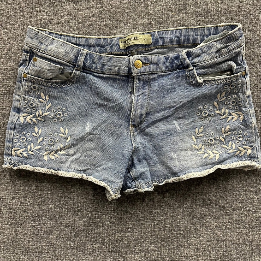 Clockhouse Shorts Womens Size 42 Blue Denim Floral Embroidered Lace Trim Boho